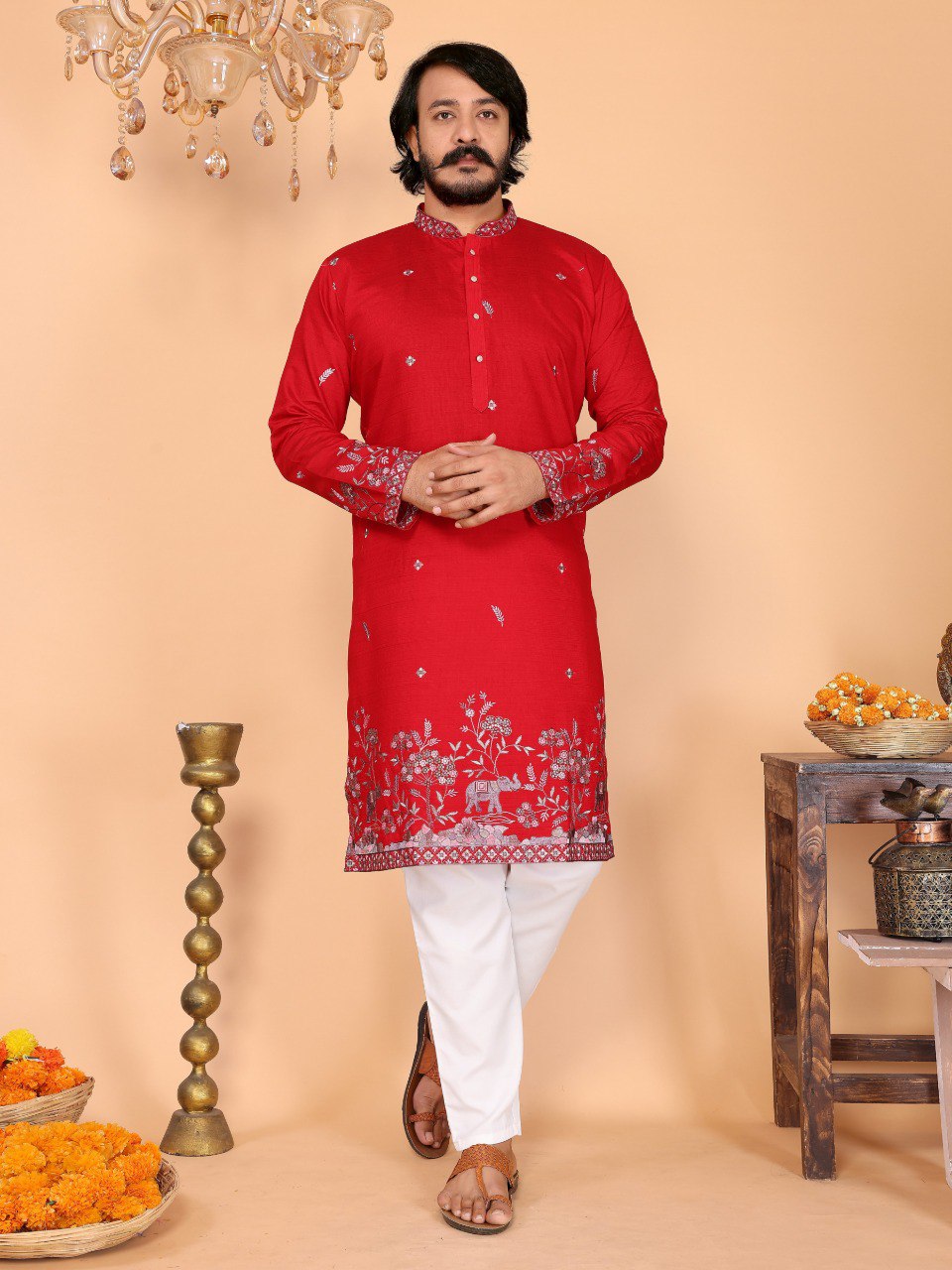 Red Pure Heavy Linen Cotton Heavy Embroidery Work Kurta Pajama 