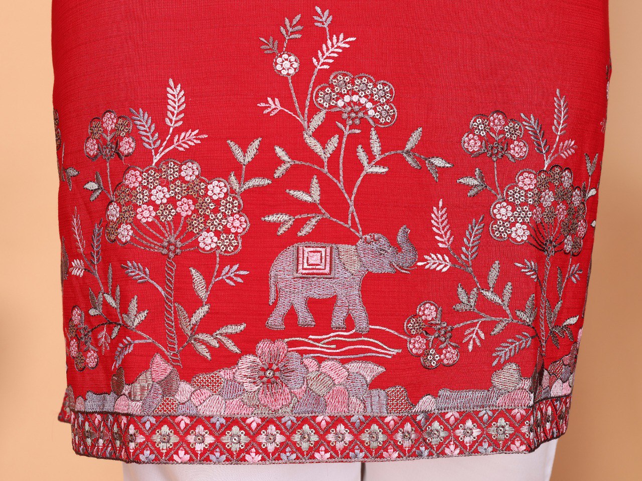 Red Pure Heavy Linen Cotton Heavy Embroidery Work Kurta Pajama 