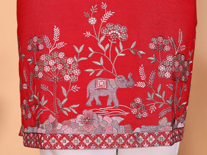 Red Pure Heavy Linen Cotton Heavy Embroidery Work Kurta Pajama 
