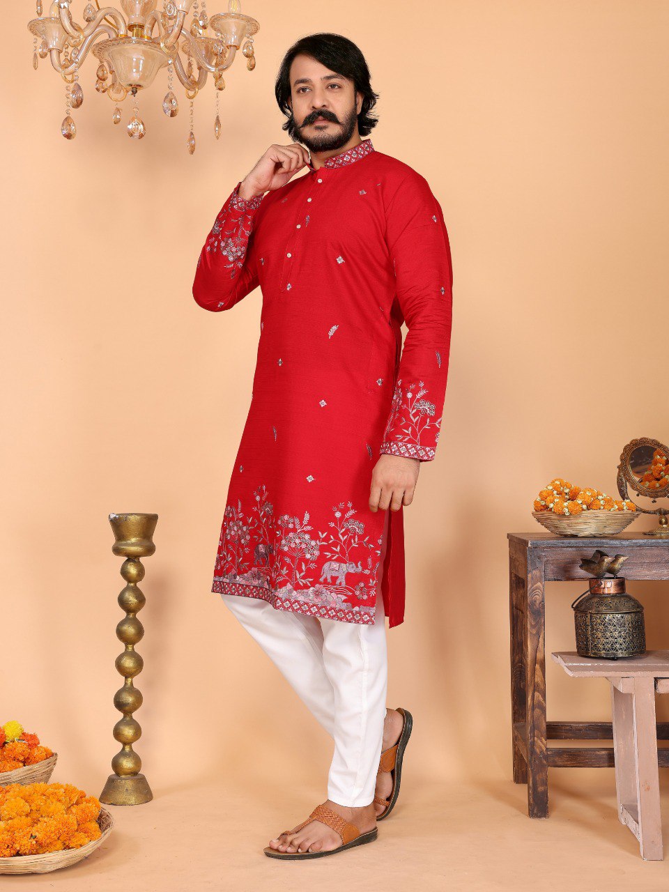 Red Pure Heavy Linen Cotton Heavy Embroidery Work Kurta Pajama 