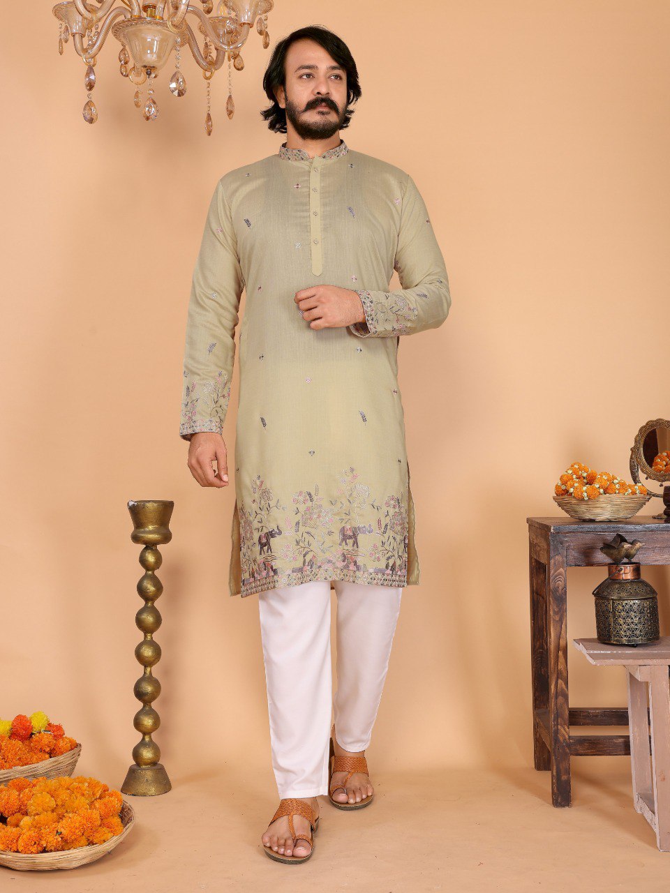 Beige Pure Heavy Linen Cotton Heavy Embroidery Work Kurta Pajama 