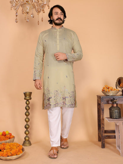 Beige Pure Heavy Linen Cotton Heavy Embroidery Work Kurta Pajama 