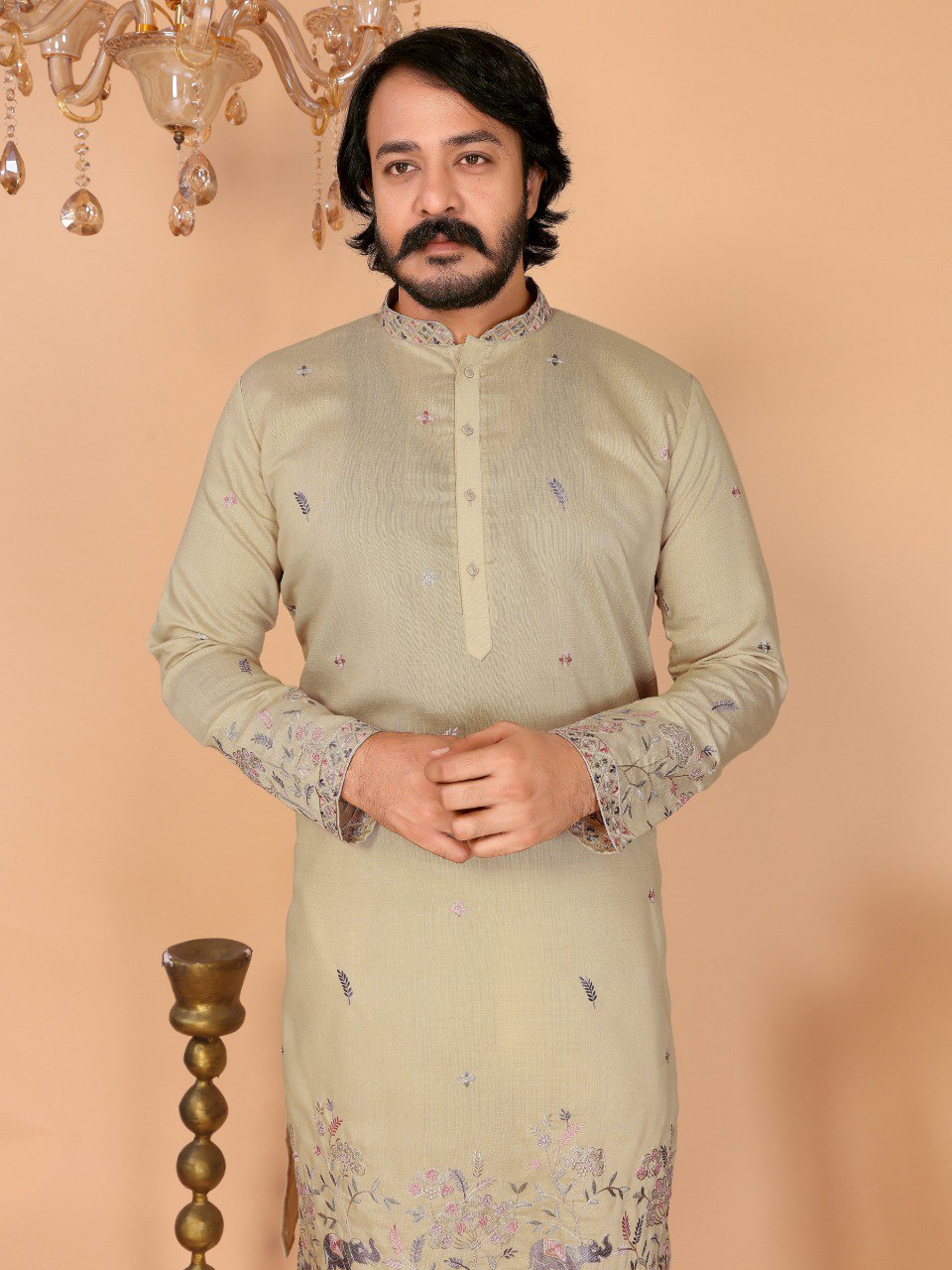 Beige Pure Heavy Linen Cotton Heavy Embroidery Work Kurta Pajama 
