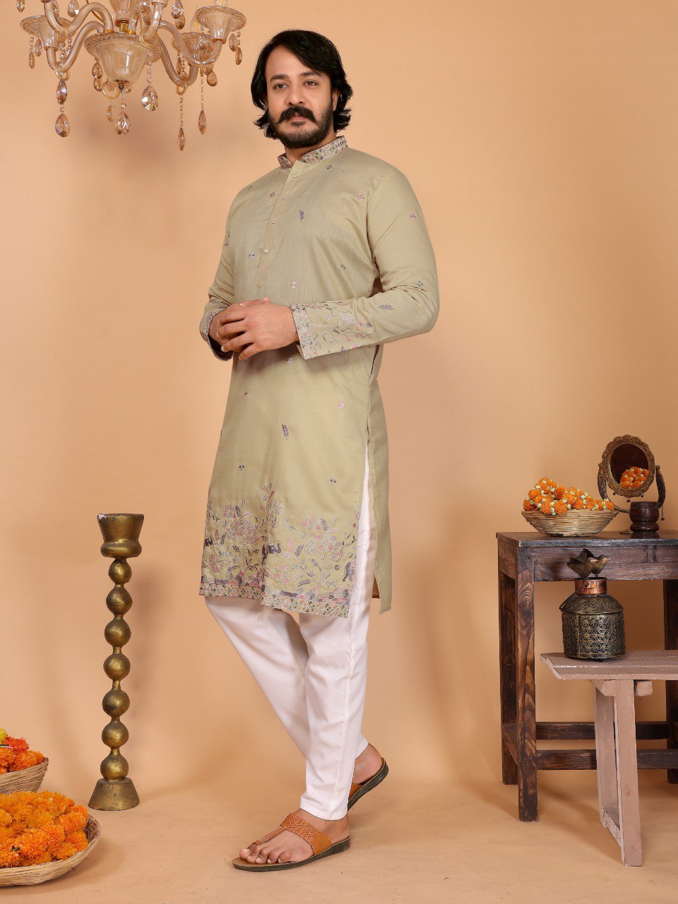 Beige Pure Heavy Linen Cotton Heavy Embroidery Work Kurta Pajama 