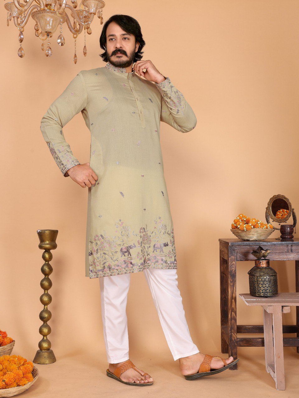 Beige Pure Heavy Linen Cotton Heavy Embroidery Work Kurta Pajama 
