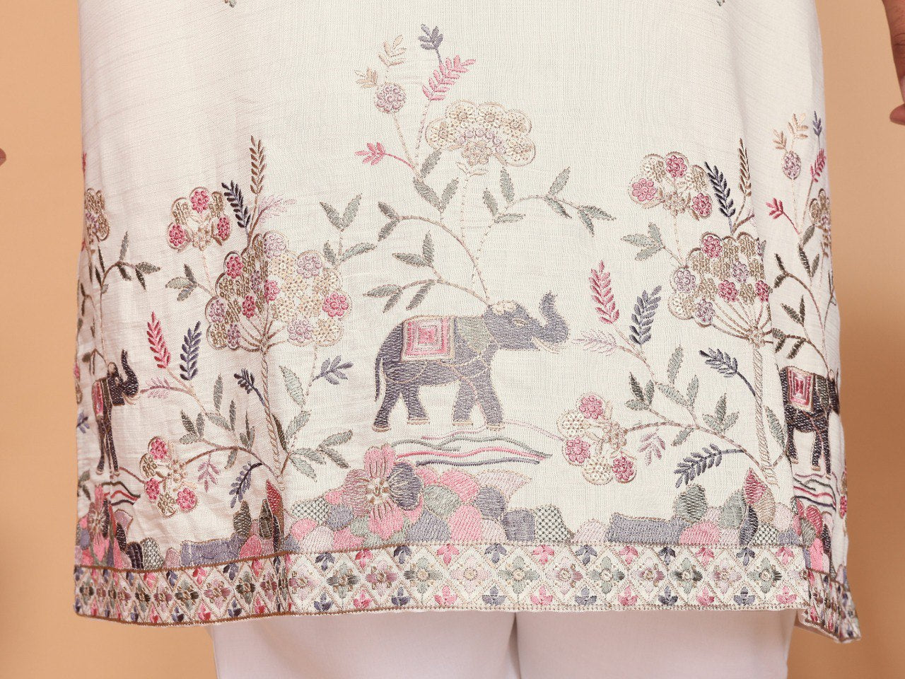 Cream Pure Heavy Linen Cotton Heavy Embroidery Work Kurta Pajama 