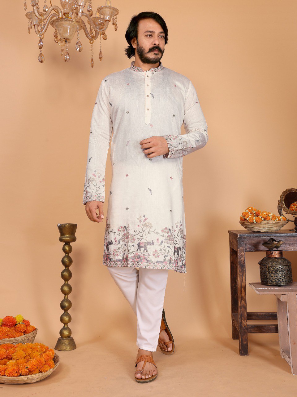 Cream Pure Heavy Linen Cotton Heavy Embroidery Work Kurta Pajama 