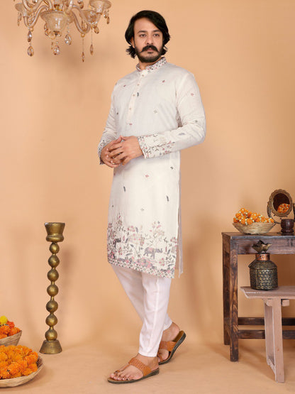 Cream Pure Heavy Linen Cotton Heavy Embroidery Work Kurta Pajama 
