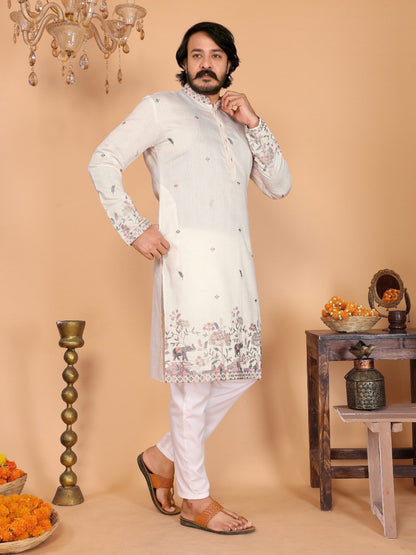 Cream Pure Heavy Linen Cotton Heavy Embroidery Work Kurta Pajama 