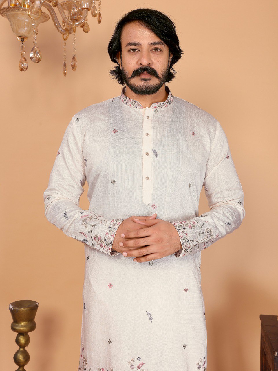 Cream Pure Heavy Linen Cotton Heavy Embroidery Work Kurta Pajama 