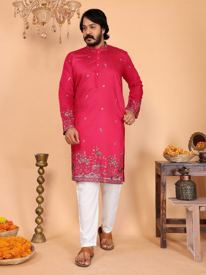Rani Pure Heavy Linen Cotton Heavy Embroidery Work Kurta Pajama 