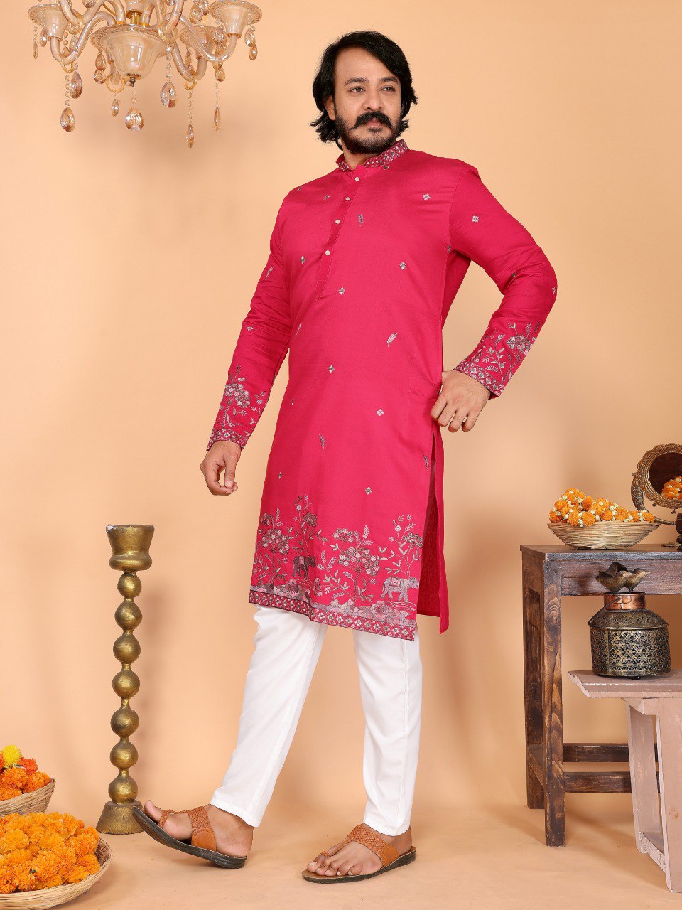 Rani Pure Heavy Linen Cotton Heavy Embroidery Work Kurta Pajama 