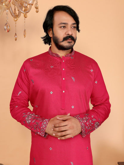 Rani Pure Heavy Linen Cotton Heavy Embroidery Work Kurta Pajama 