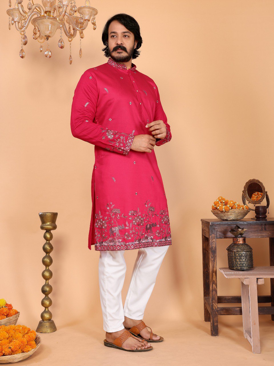 Rani Pure Heavy Linen Cotton Heavy Embroidery Work Kurta Pajama 