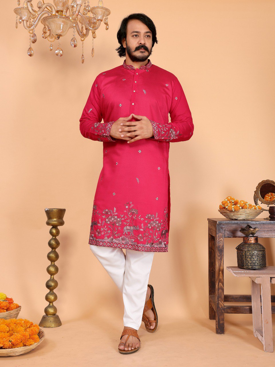 Rani Pure Heavy Linen Cotton Heavy Embroidery Work Kurta Pajama 