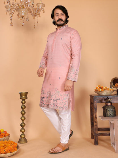 Pink Pure Heavy Linen Cotton Heavy Embroidery Work Kurta Pajama 