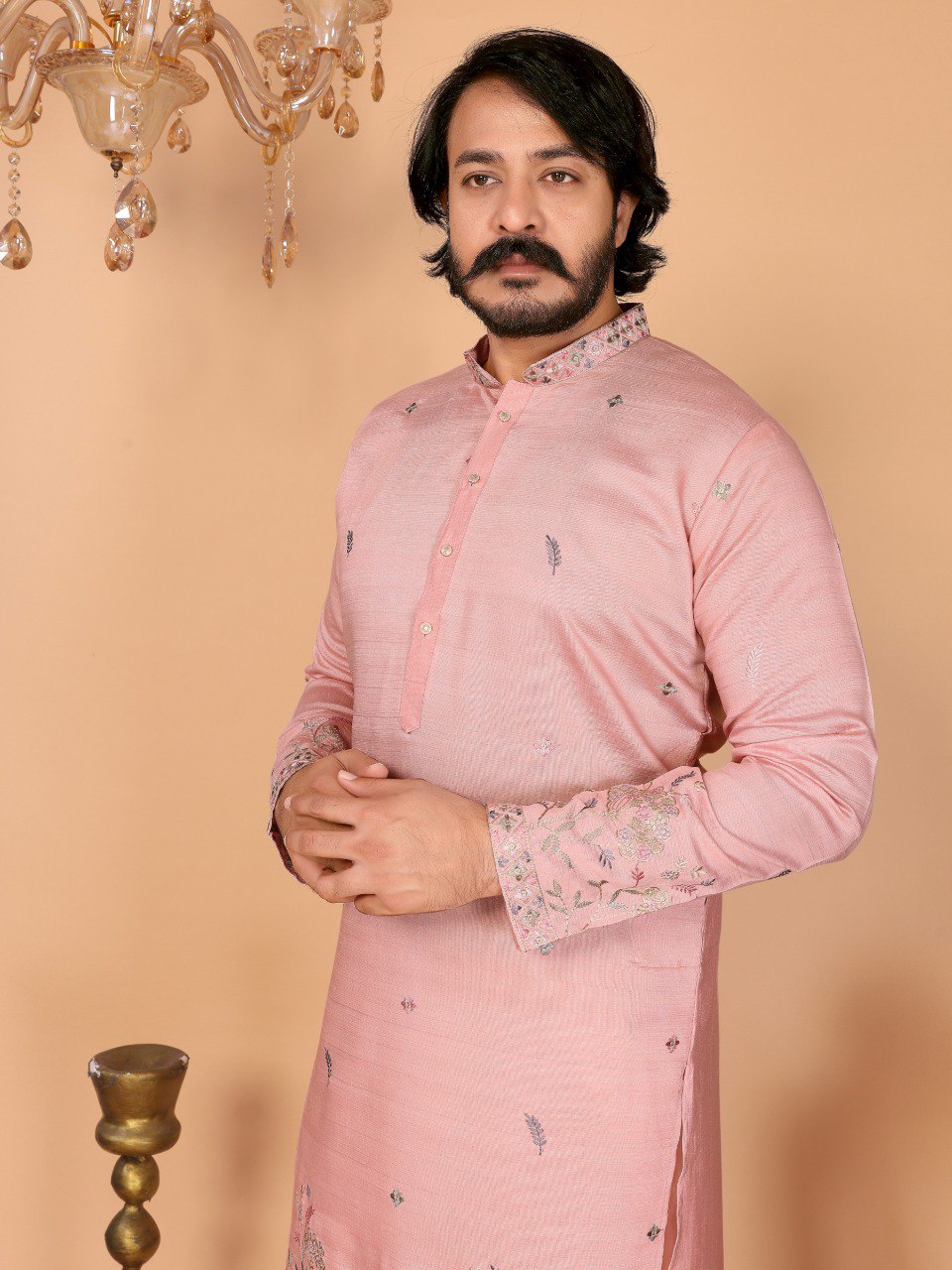Pink Pure Heavy Linen Cotton Heavy Embroidery Work Kurta Pajama 