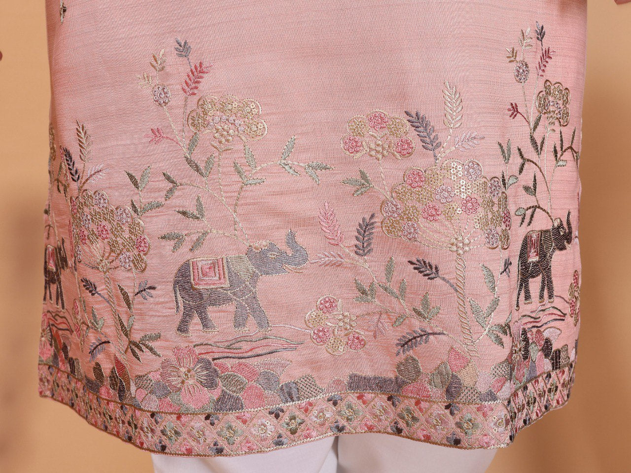 Pink Pure Heavy Linen Cotton Heavy Embroidery Work Kurta Pajama 