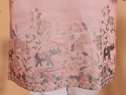 Pink Pure Heavy Linen Cotton Heavy Embroidery Work Kurta Pajama 