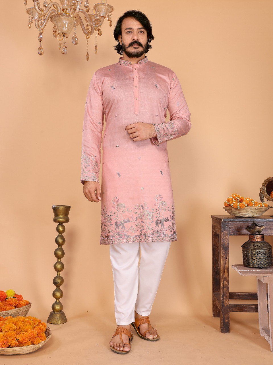 Pink Pure Heavy Linen Cotton Heavy Embroidery Work Kurta Pajama 