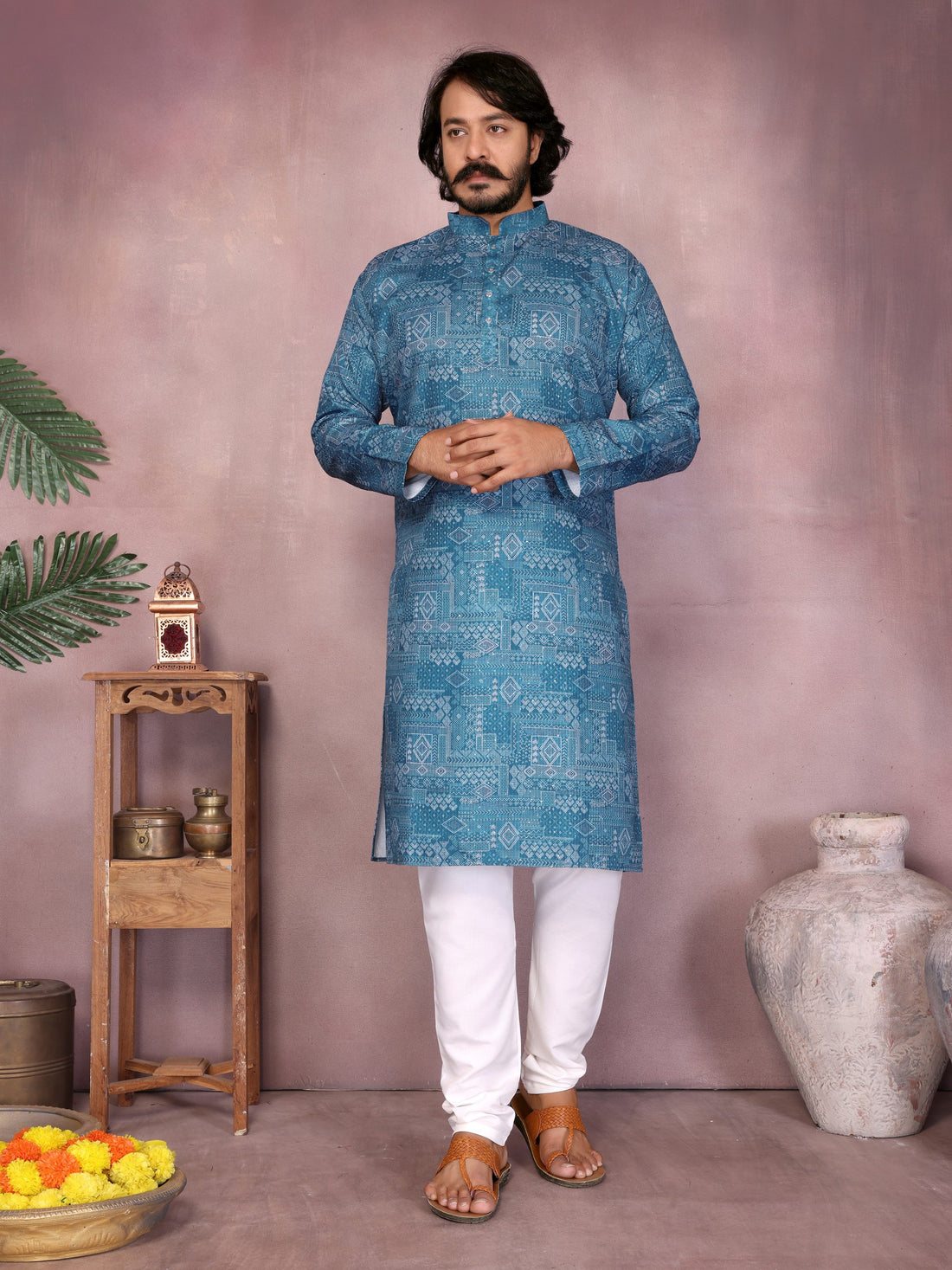 Blue Pure Heavy Cotton Sequence Work and Print Kurta Pajama 