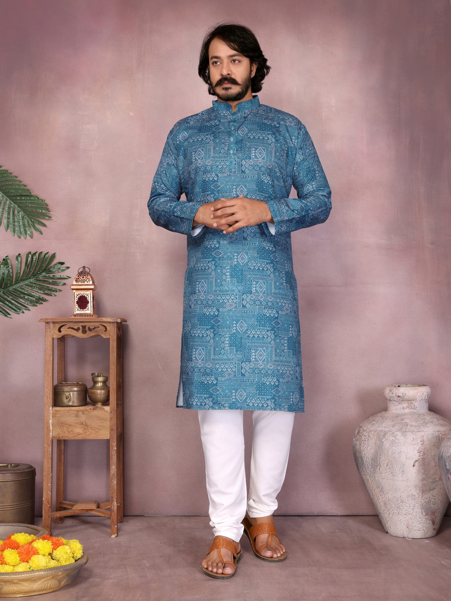 Blue Pure Heavy Cotton Sequence Work and Print Kurta Pajama 