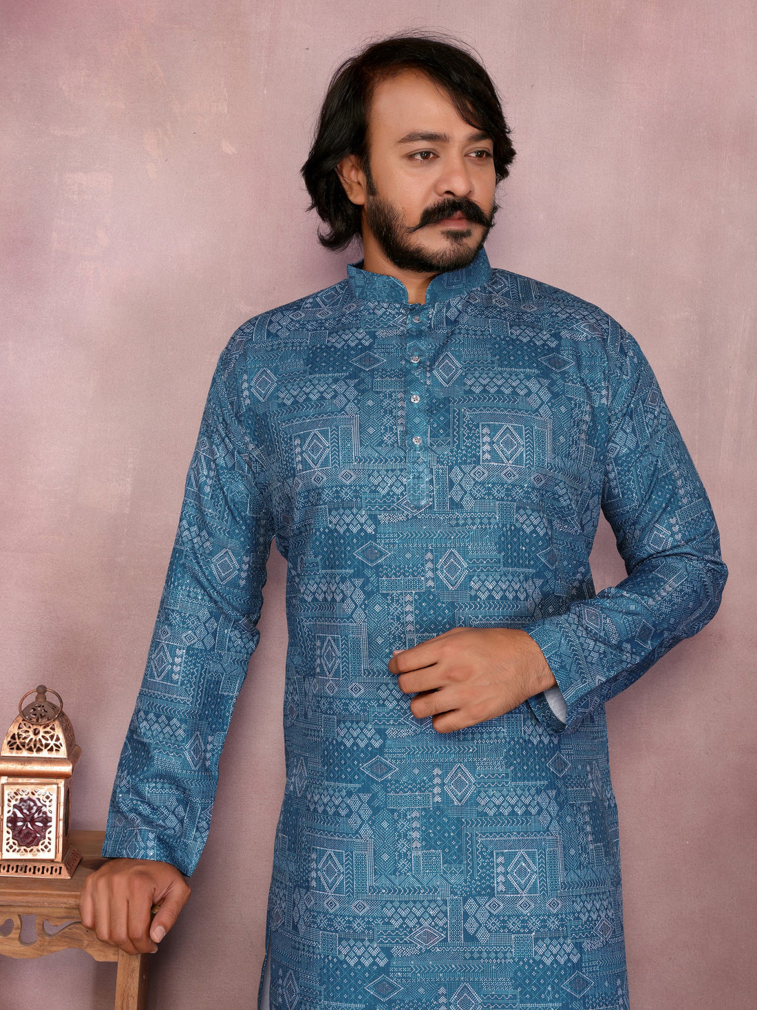 Blue Pure Heavy Cotton Sequence Work and Print Kurta Pajama 