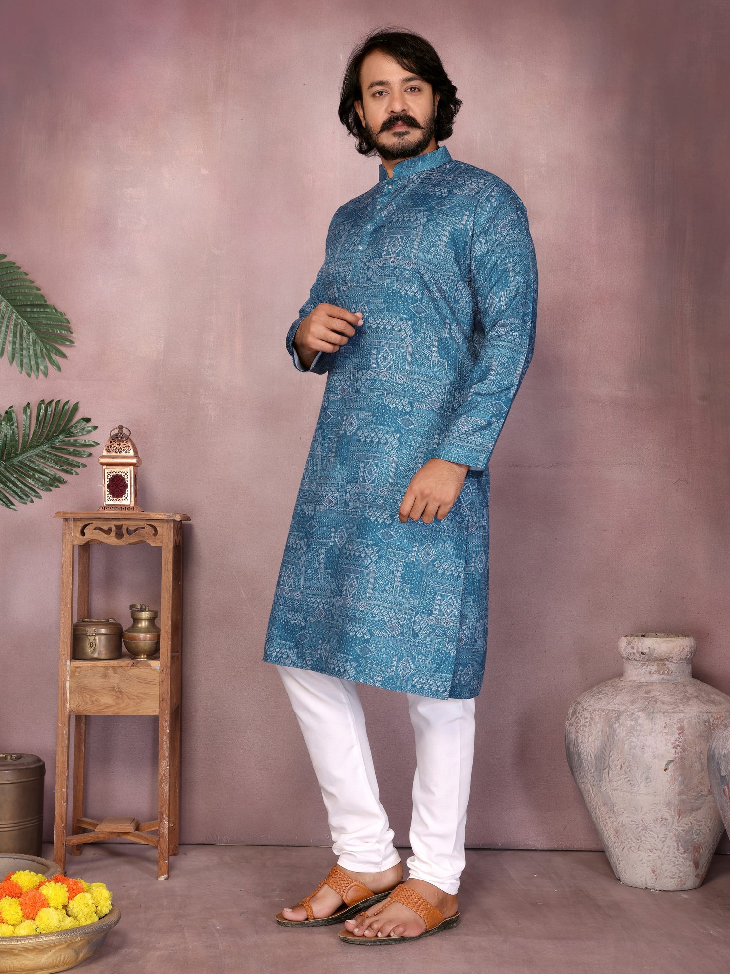Blue Pure Heavy Cotton Sequence Work and Print Kurta Pajama 