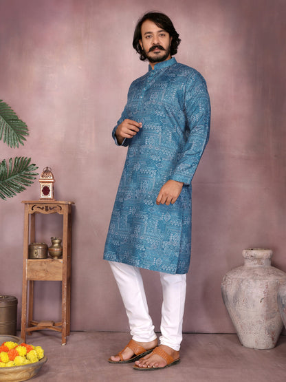 Blue Pure Heavy Cotton Sequence Work and Print Kurta Pajama 