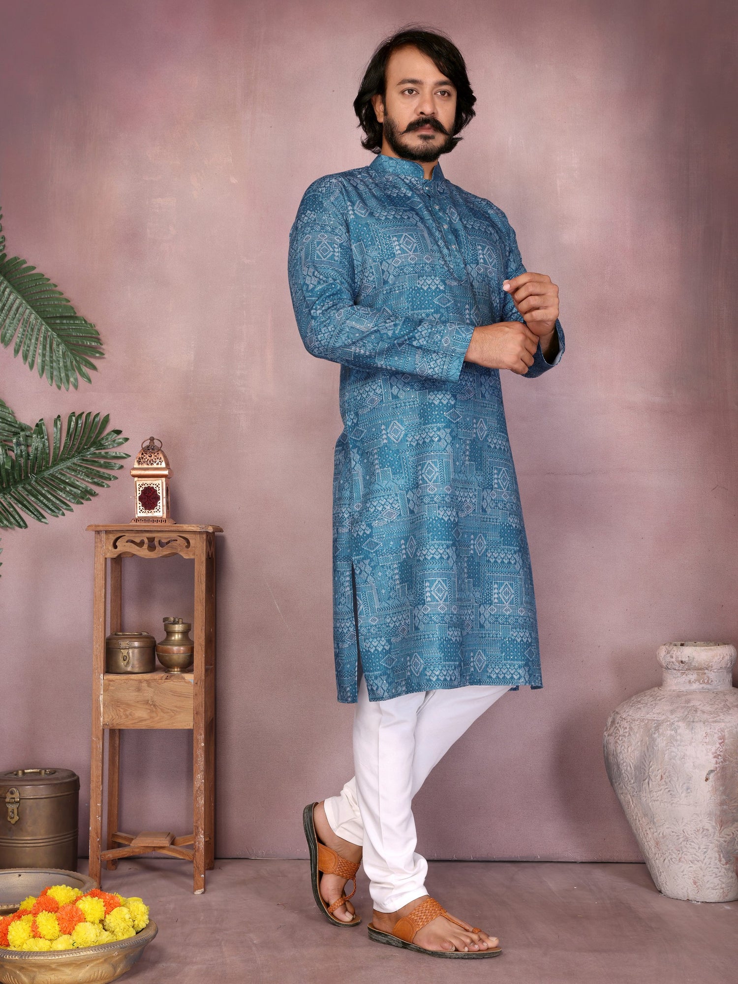 Blue Pure Heavy Cotton Sequence Work and Print Kurta Pajama 