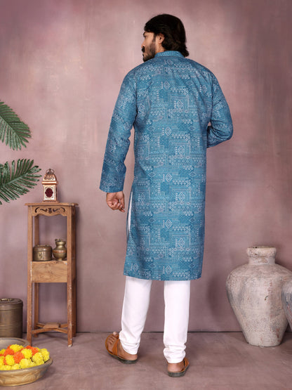 Blue Pure Heavy Cotton Sequence Work and Print Kurta Pajama 