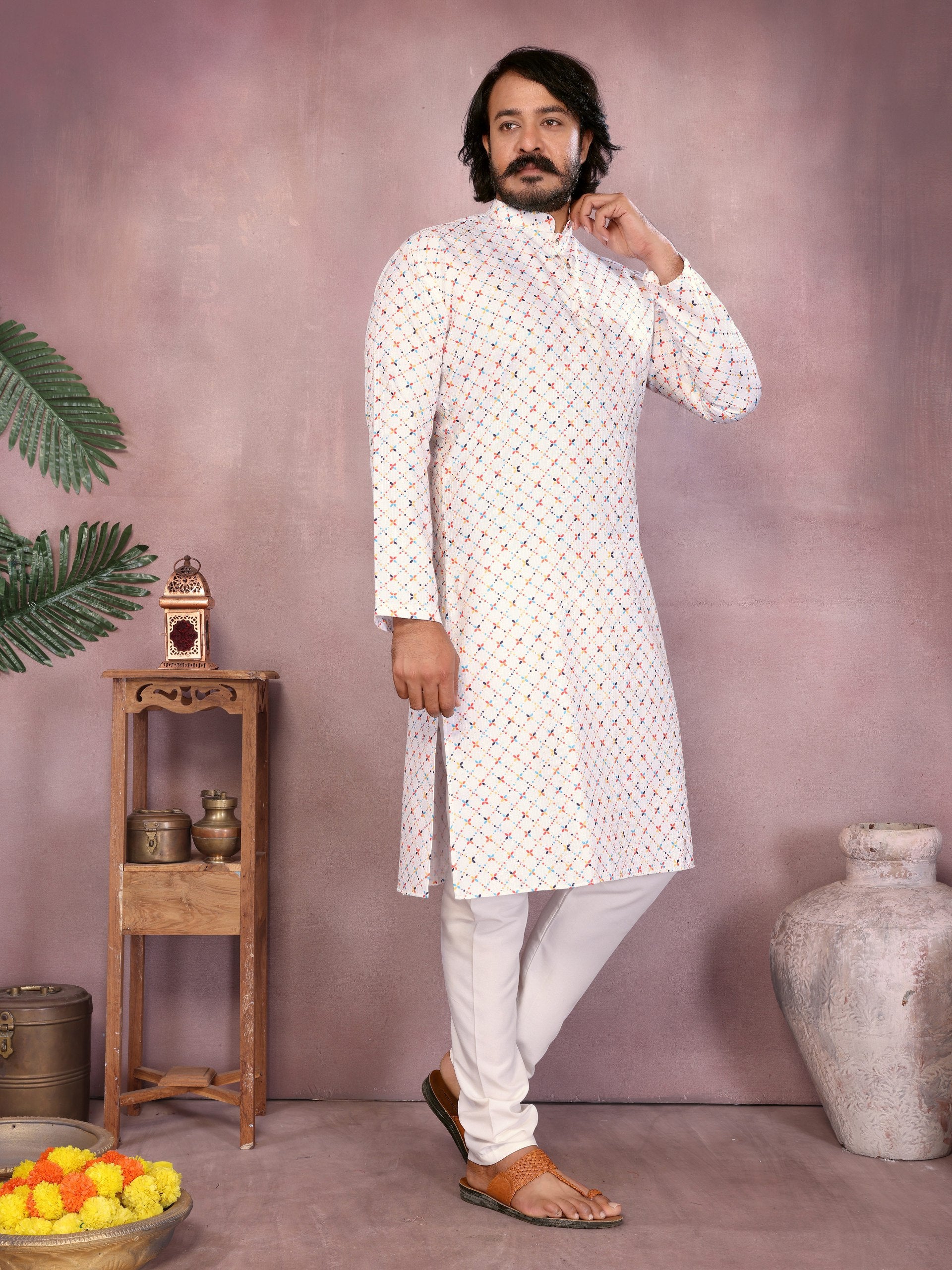 White Pure Heavy Cotton Sequence Work and Print Kurta Pajama 
