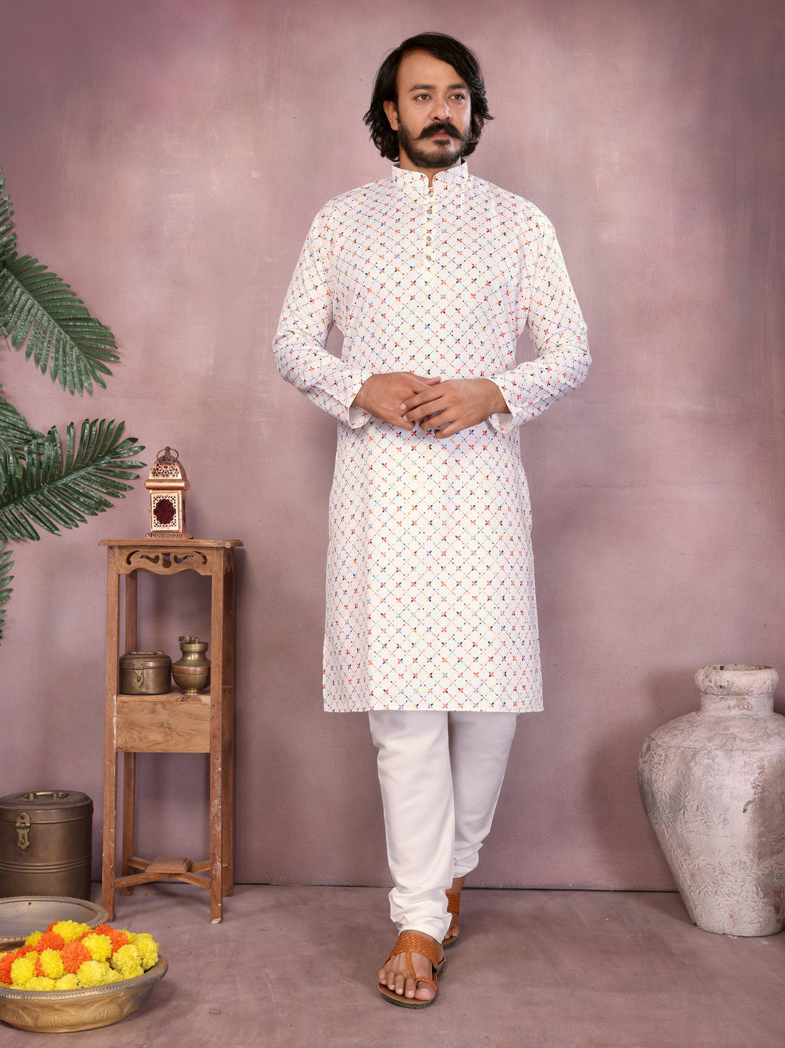 White Pure Heavy Cotton Sequence Work and Print Kurta Pajama 
