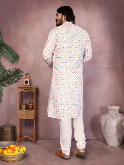 White Pure Heavy Cotton Sequence Work and Print Kurta Pajama 