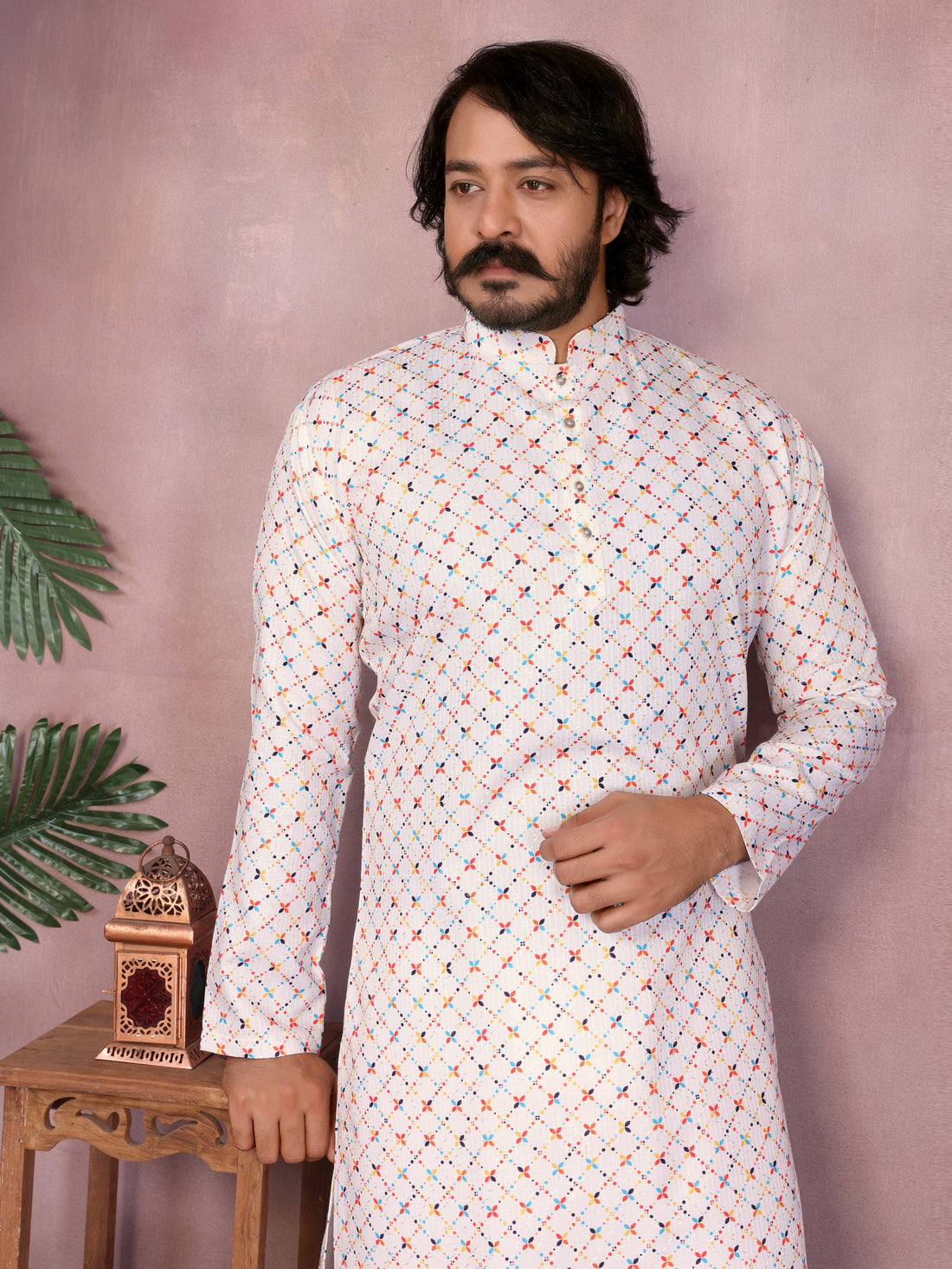 White Pure Heavy Cotton Sequence Work and Print Kurta Pajama 