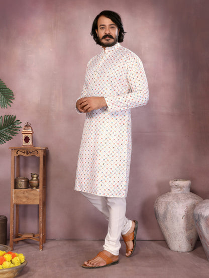 White Pure Heavy Cotton Sequence Work and Print Kurta Pajama 