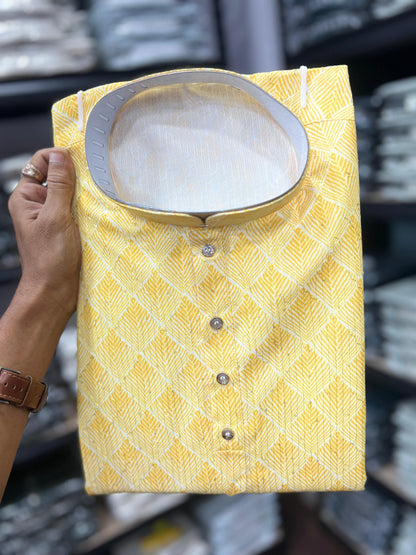 Yellow Pure Heavy Cotton Sequence Work and Print Kurta Pajama 
