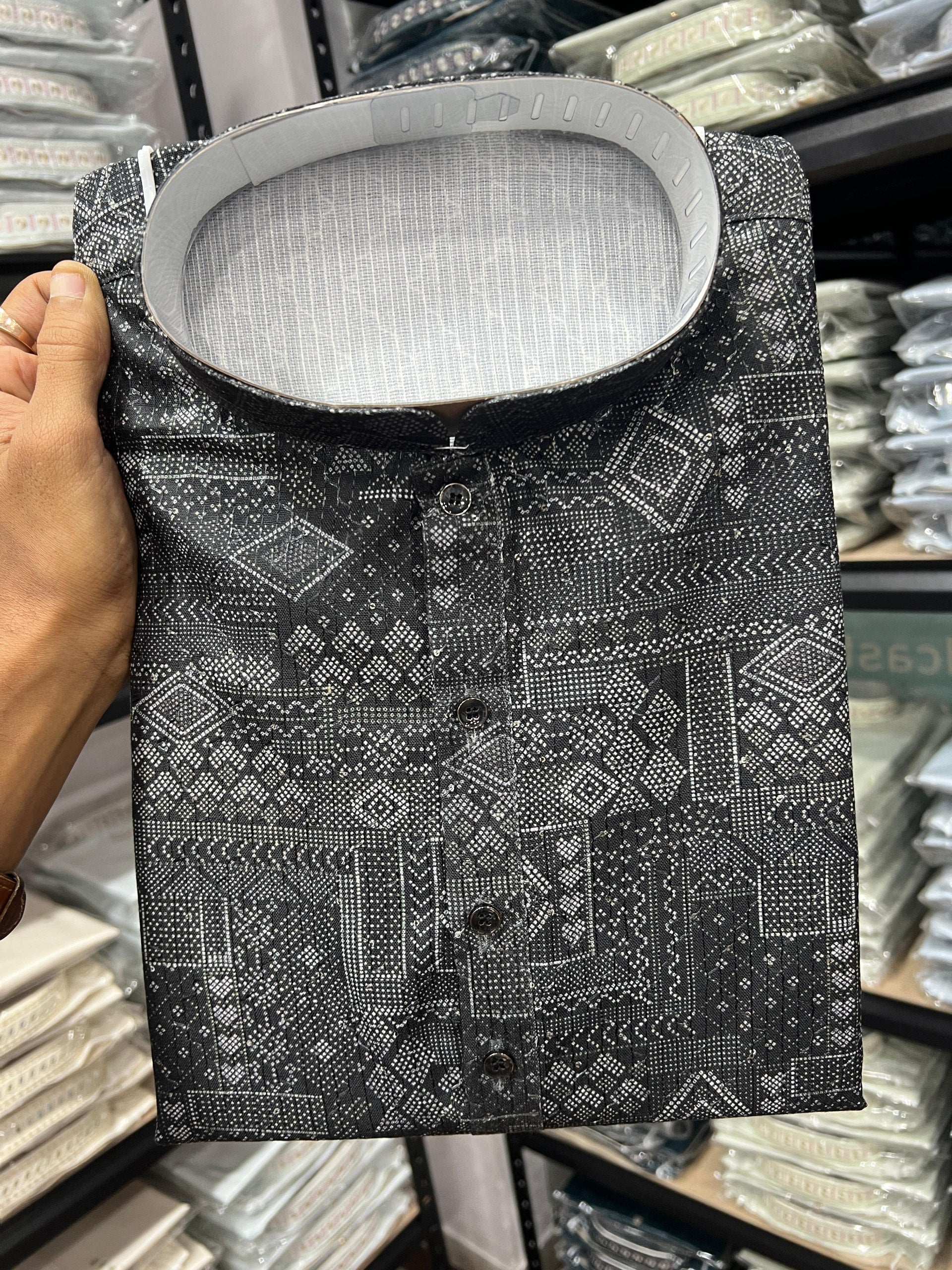 Black Pure Heavy Cotton Sequence Work and Print Kurta Pajama 