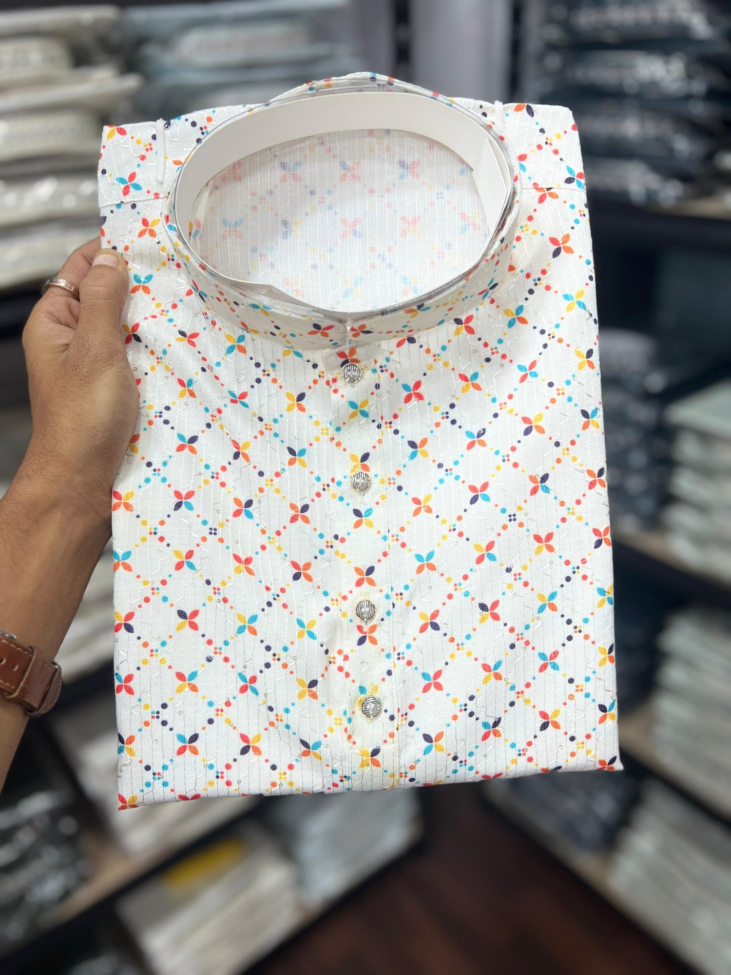 White Pure Heavy Cotton Sequence Work and Print Kurta Pajama 