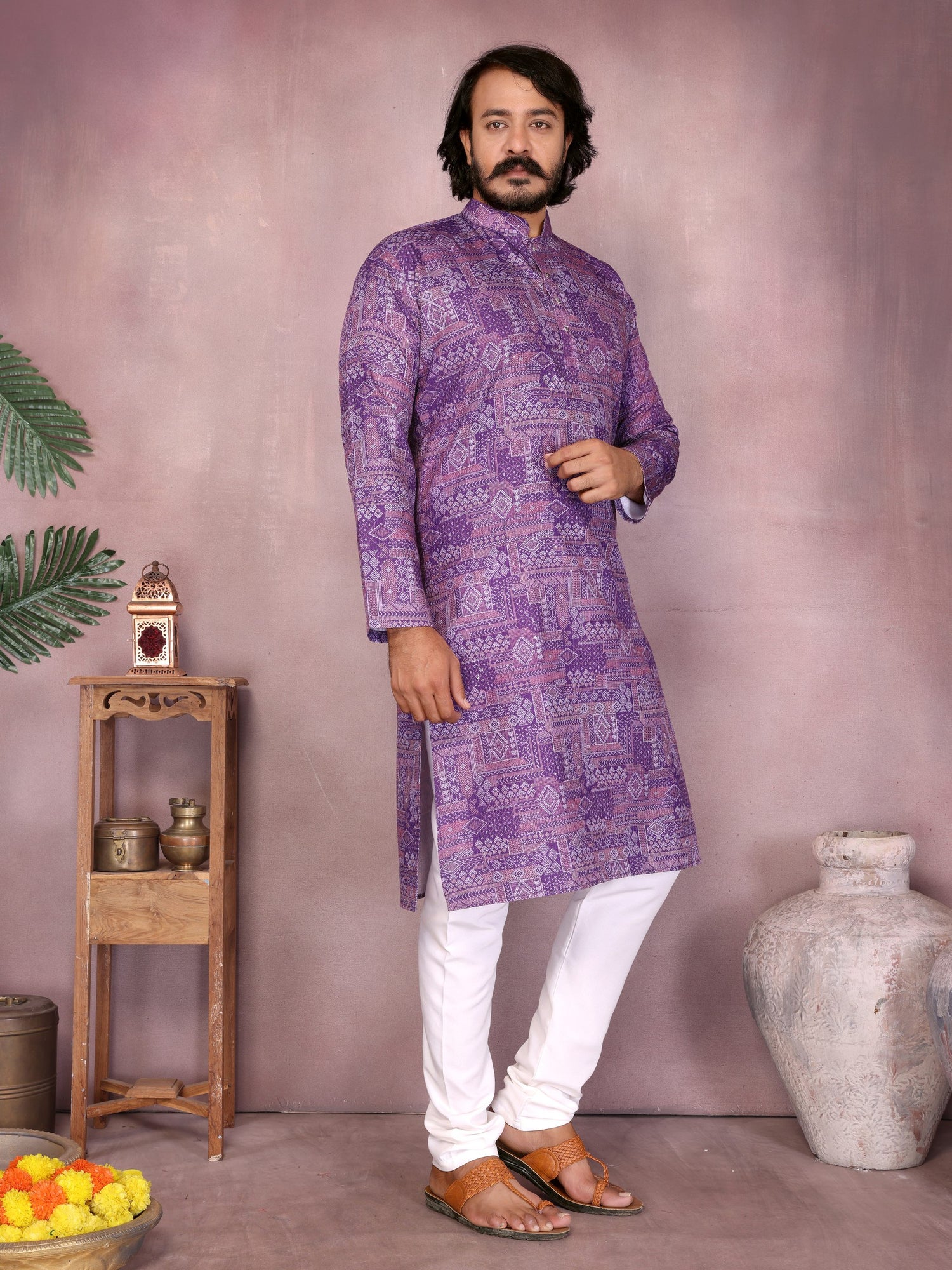 Purple Pure Heavy Cotton Sequence Work and Print Kurta Pajama 