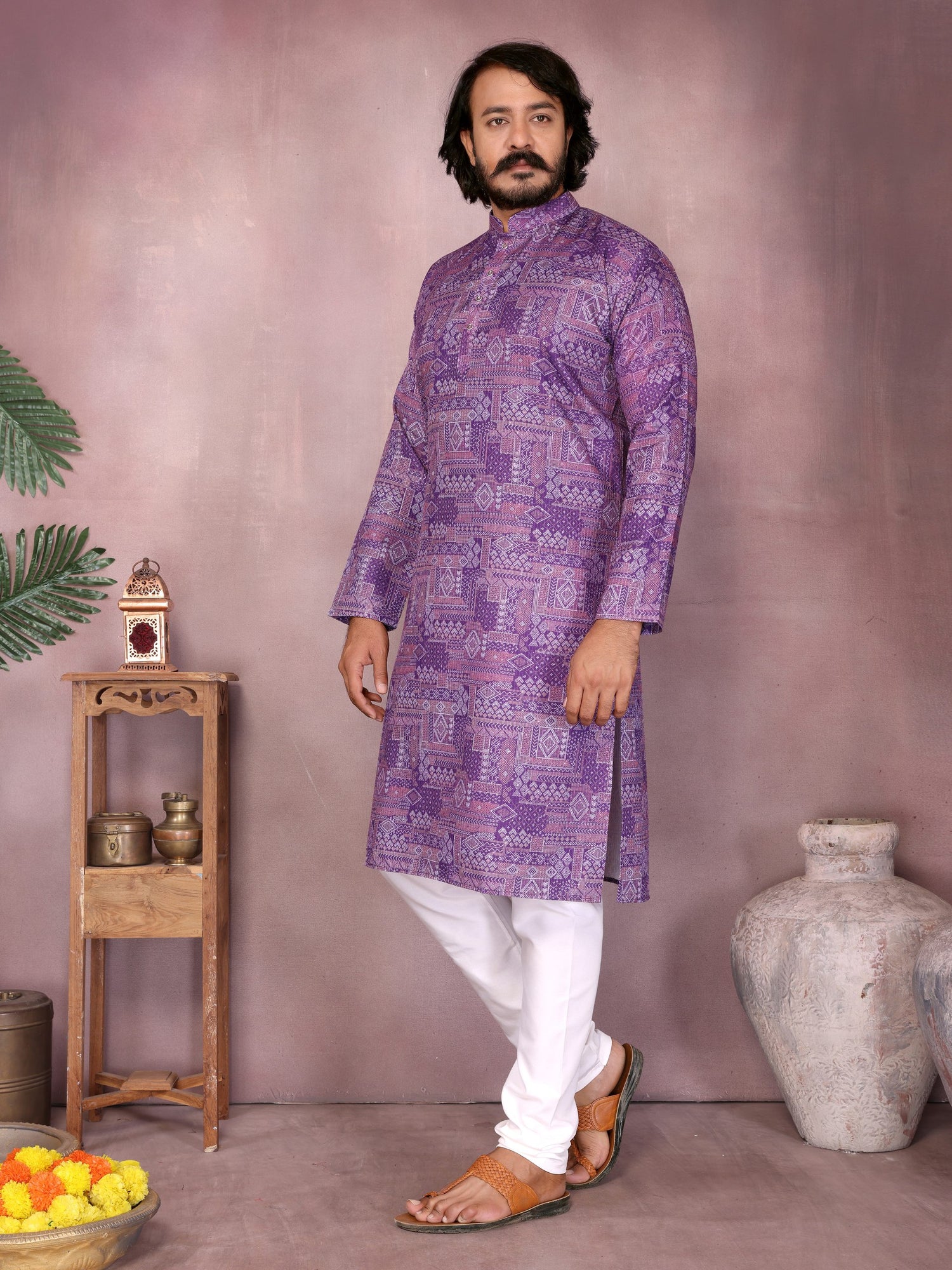 Purple Pure Heavy Cotton Sequence Work and Print Kurta Pajama 