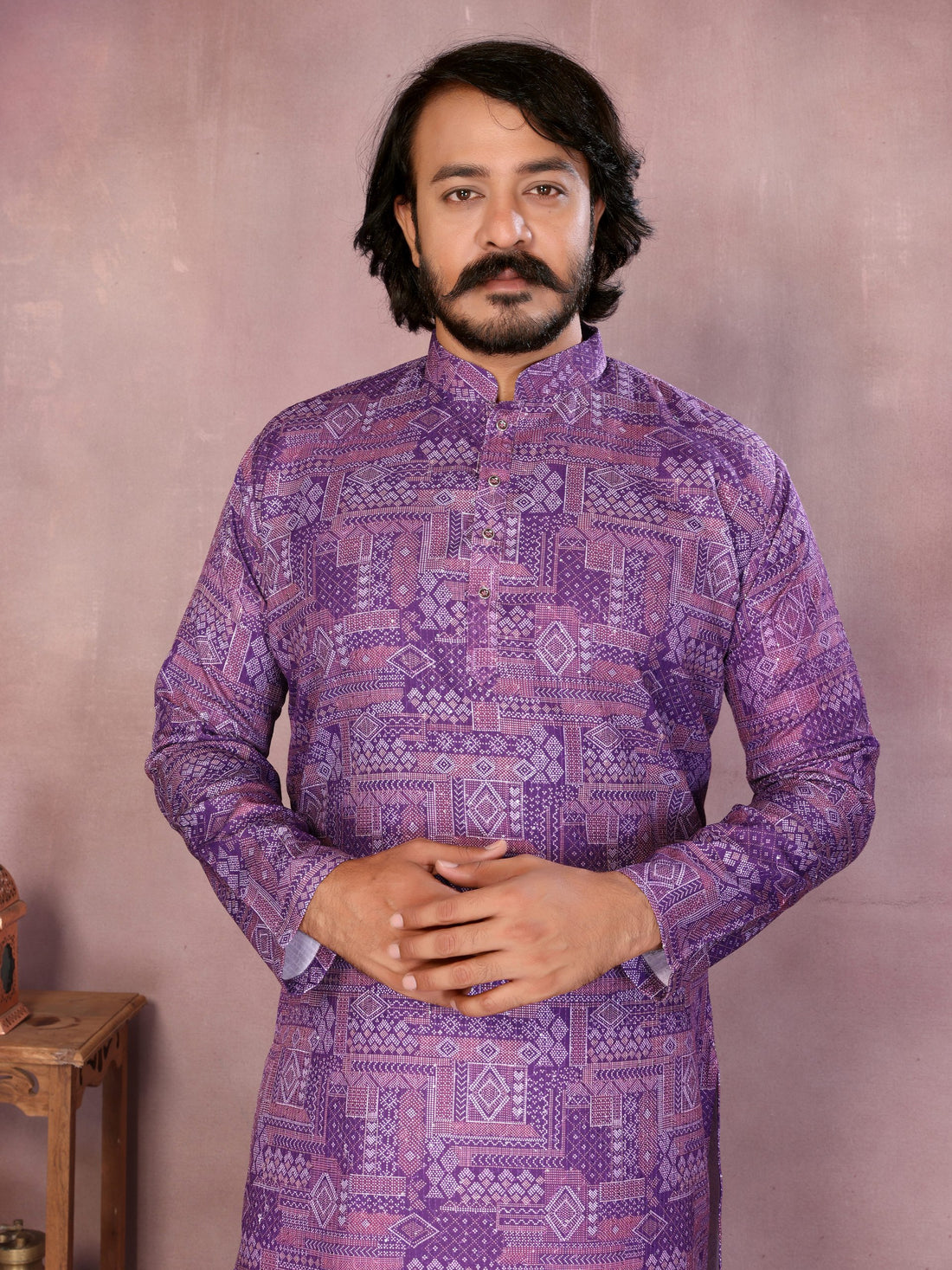 Purple Pure Heavy Cotton Sequence Work and Print Kurta Pajama 