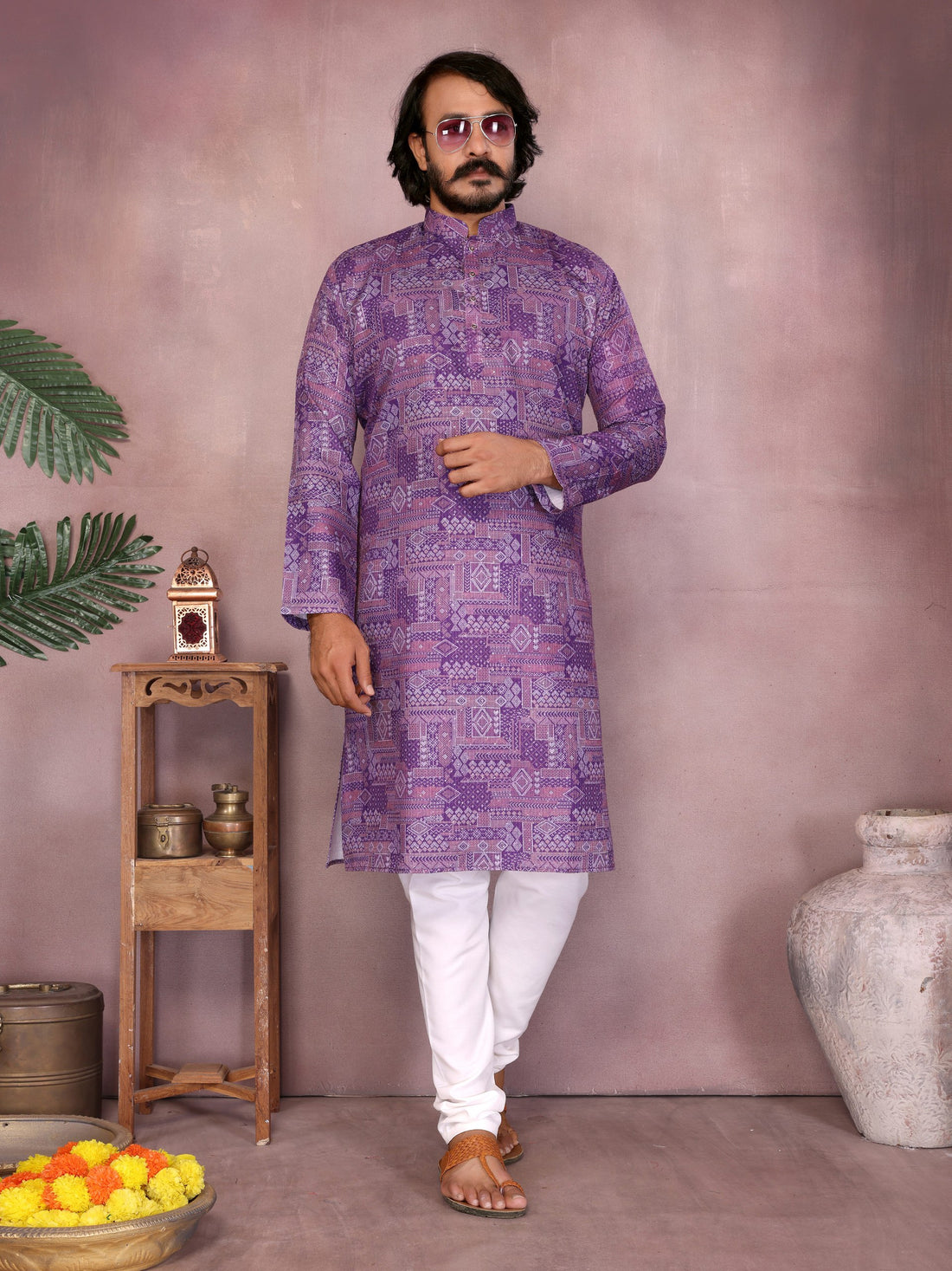 Purple Pure Heavy Cotton Sequence Work and Print Kurta Pajama 