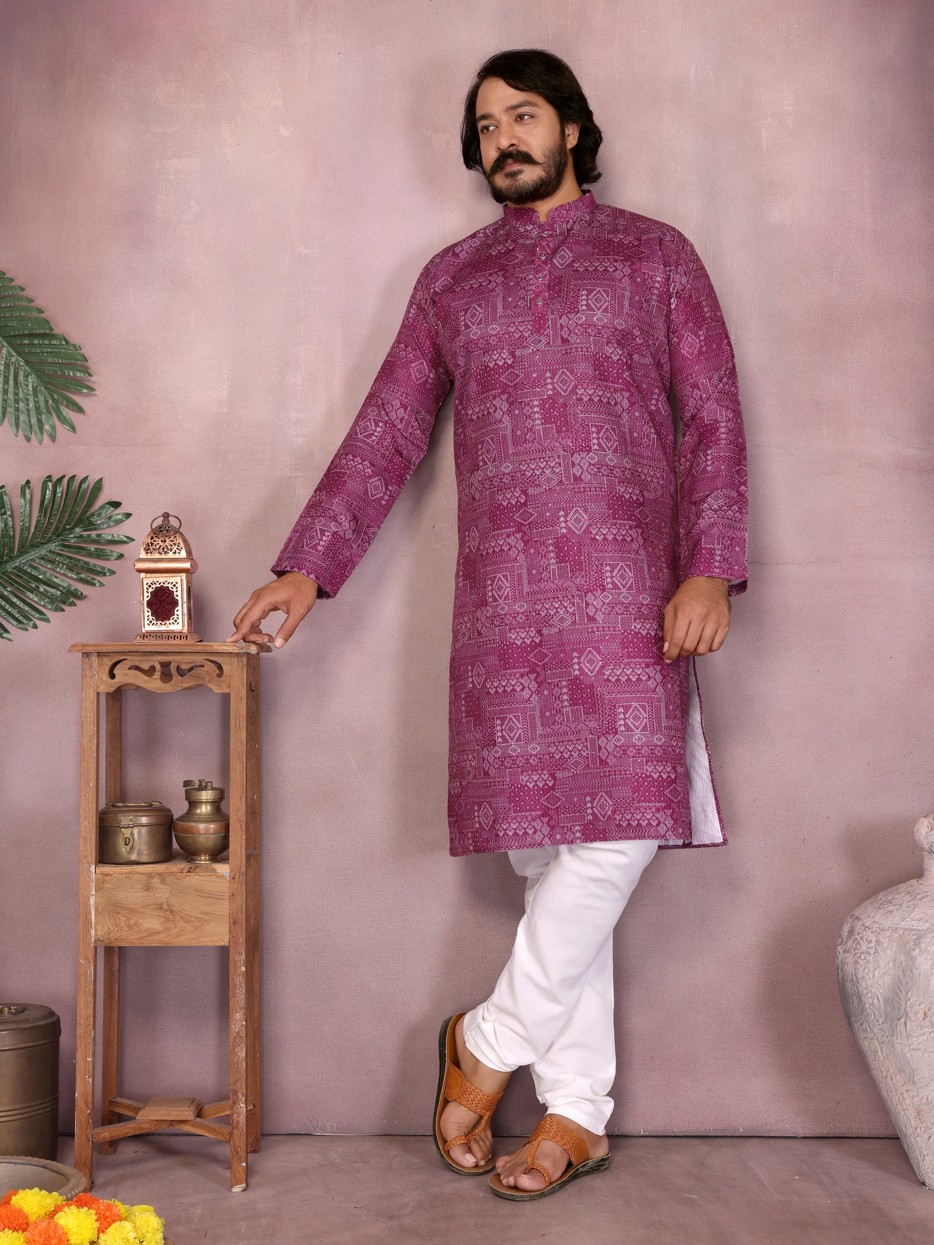 Maroon Pure Heavy Cotton Sequence Work and Print Kurta Pajama 