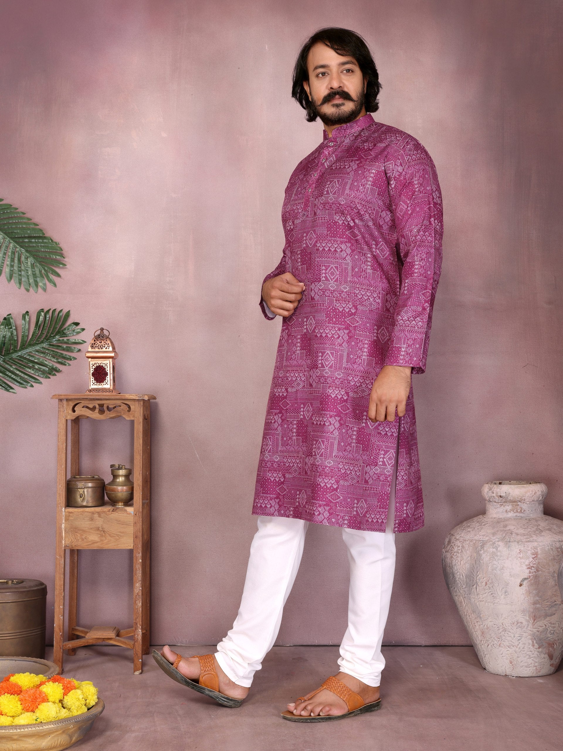 Maroon Pure Heavy Cotton Sequence Work and Print Kurta Pajama 