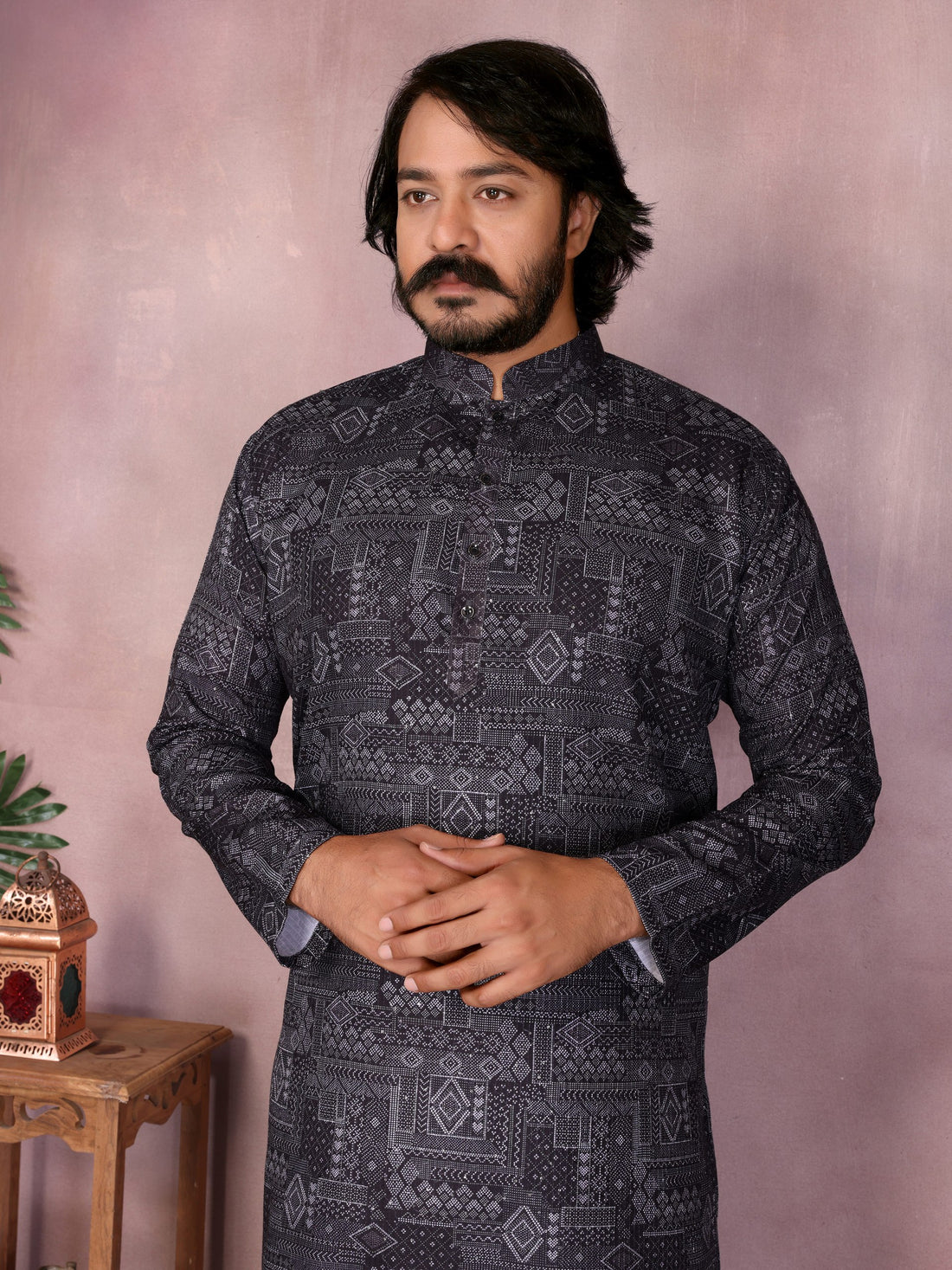 Black Pure Heavy Cotton Sequence Work and Print Kurta Pajama 