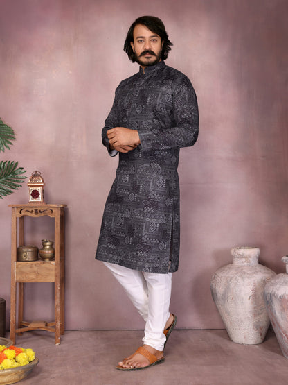 Black Pure Heavy Cotton Sequence Work and Print Kurta Pajama 