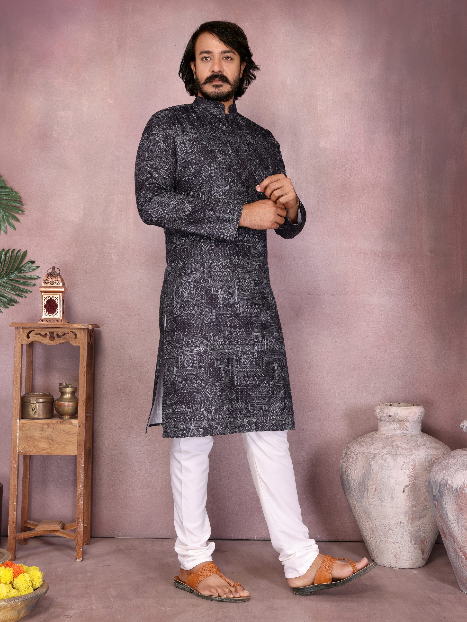 Black Pure Heavy Cotton Sequence Work and Print Kurta Pajama 