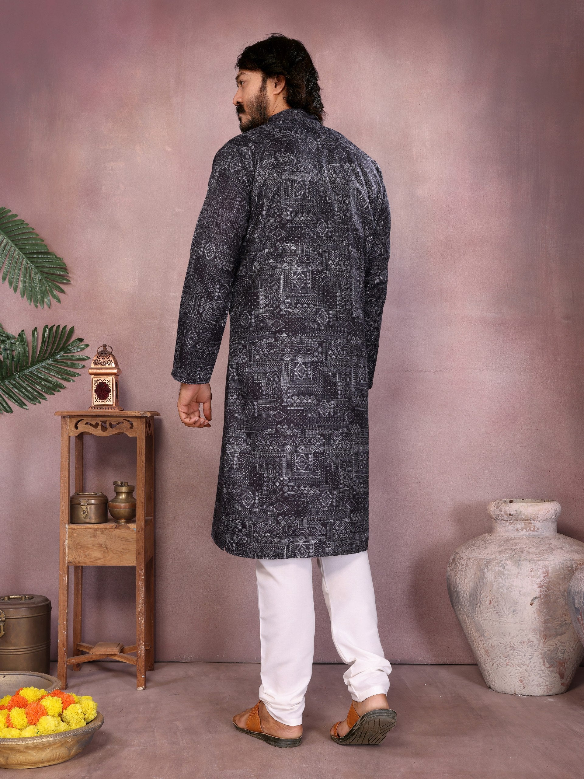 Black Pure Heavy Cotton Sequence Work and Print Kurta Pajama 