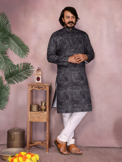 Black Pure Heavy Cotton Sequence Work and Print Kurta Pajama 